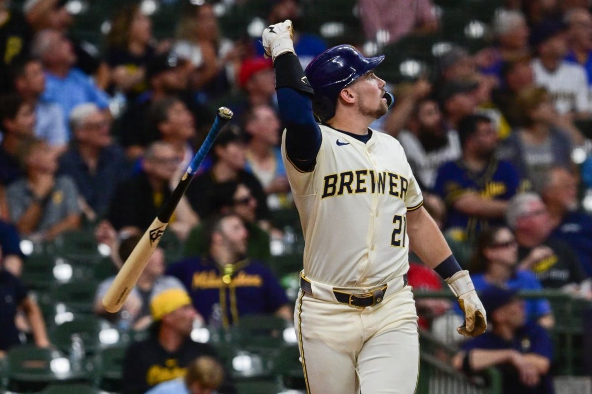 Jun 24, 2025; Milwaukee, Wisconsin, USA;  Milwaukee Brewers third baseman Caleb Durbin (21) reacts after hitting a three-run home run in the fourth inning against the Pittsburgh Pirates at American Family Field. Mandatory Credit: Benny Sieu-Imagn Images