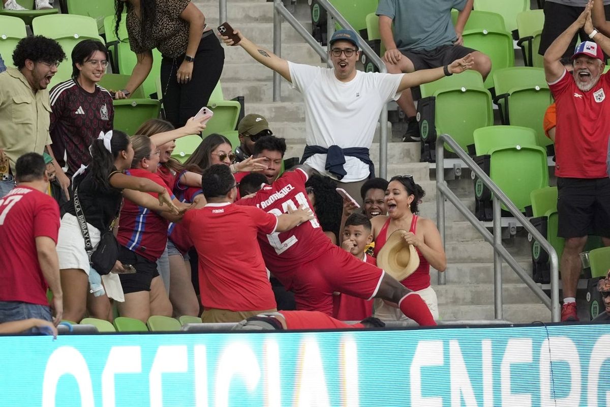 Jun 24, 2025; Austin, Texas, USA; Panama forward Tomas Rodriguez (24) celebrates with fans after scoring against Jamaica in the second half during a group stage match of the 2025 Gold Cup at Q2 Stadium. Mandatory Credit: Scott Wachter-Imagn Images