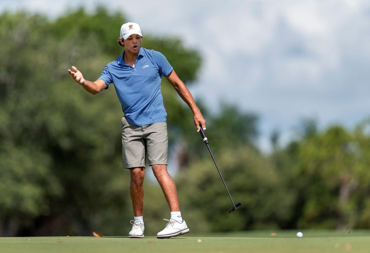Charlie Woods reacts to his putt on the 10th hole during the 41st Nicklaus Junior Championship at the Tequesta Country Club on June 23, 2025 in Tequesta, Florida.