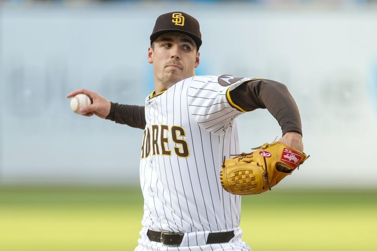 Jun 24, 2025; San Diego, California, USA; San Diego Padres starting pitcher Ryan Bergert (38) throws a pitch during the first inning against the Washington Nationals at Petco Park. Mandatory Credit: David Frerker-Imagn Images