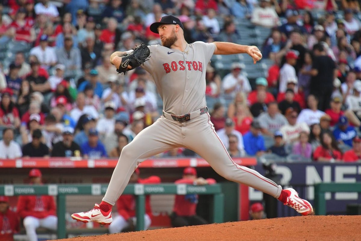 Jun 24, 2025; Anaheim, California, USA;  Boston Red Sox pitcher Garrett Crochet (35) throws against the Los Angeles Angels during the first inning at Angel Stadium. Mandatory Credit: Gary A. Vasquez-Imagn Images