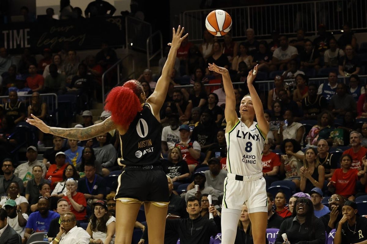 Jun 24, 2025; Washington, District of Columbia, USA; Minnesota Lynx forward Alanna Smith (8) shoots the ball over Washington Mystics forward Shakira Austin (0) in the second half at Entertainment & Sports Arena. Mandatory Credit: Geoff Burke-Imagn Images