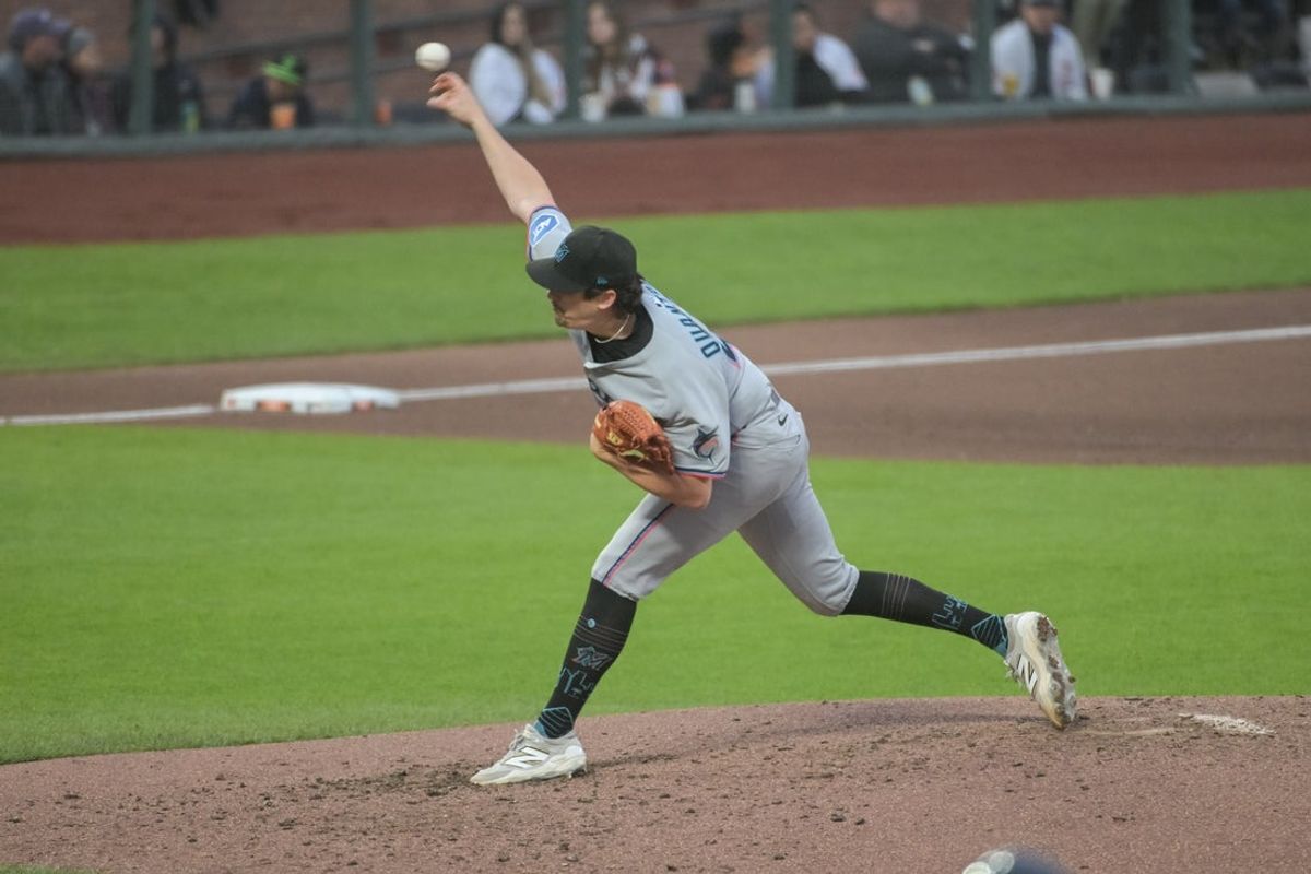 Jun 24, 2025; San Francisco, California, USA;  Miami Marlins pitcher Cal Quantrill (47) throws a pitch against the San Francisco Giants during the fourth inning at Oracle Park. Mandatory Credit: Ed Szczepanski-Imagn Images