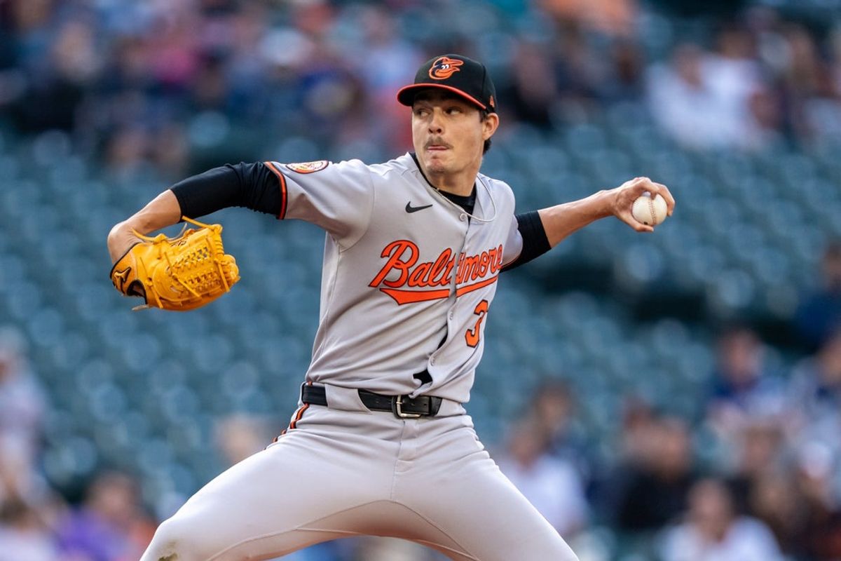 Jun 4, 2025; Seattle, Washington, USA;  Baltimore Orioles starter Cade Povich (37) delivers a pitch against the Seattle Mariners at T-Mobile Park. Mandatory Credit: Stephen Brashear-Imagn Images