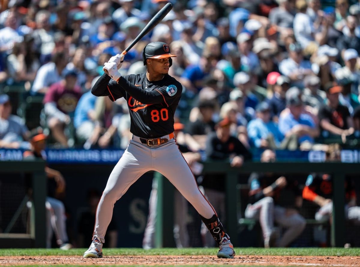 Jun 5, 2025; Seattle, Washington, USA;  Balitimore Orioles centerfielder Jordyn Adams (80) waits for a pitch during an at-bat against the Seattle Mariners at T-Mobile Park. Mandatory Credit: Stephen Brashear-Imagn Images