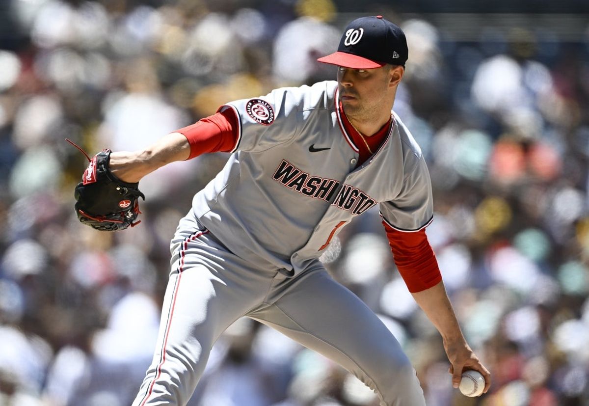 Jun 25, 2025; San Diego, California, USA; Washington Nationals starting pitcher MacKenzie Gore (1) delivers during the first inning against the against the San Diego Padres at Petco Park. Mandatory Credit: Denis Poroy-Imagn Images