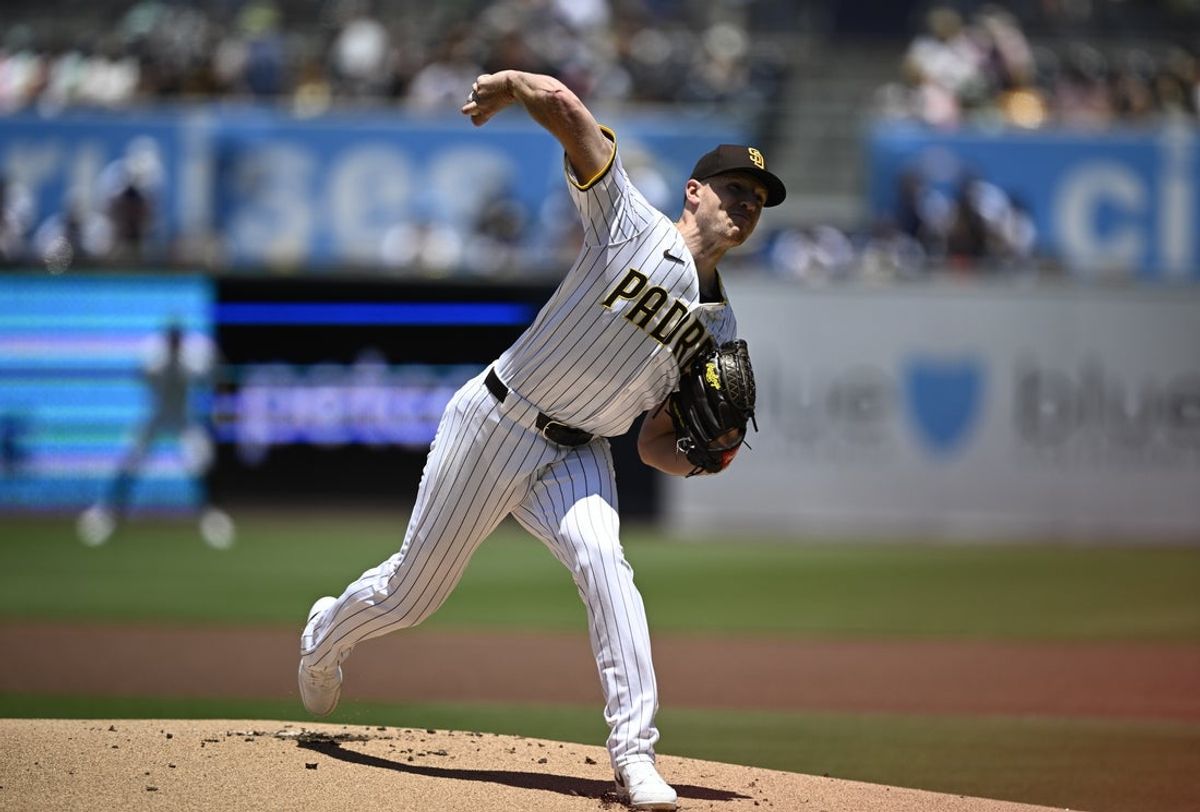 Jun 25, 2025; San Diego, California, USA; San Diego Padres starting pitcher Nick Pivetta (27) delivers during the first inning against the against the Washington Nationals at Petco Park. Mandatory Credit: Denis Poroy-Imagn Images