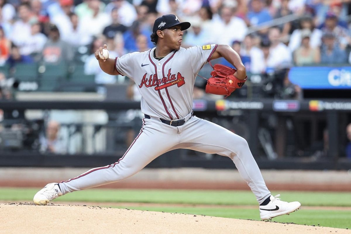 Jun 25, 2025; New York City, New York, USA; Atlanta Braves starting pitcher Didier Fuentes (75) pitches in the first inning against the New York Mets at Citi Field. Mandatory Credit: Wendell Cruz-Imagn Images