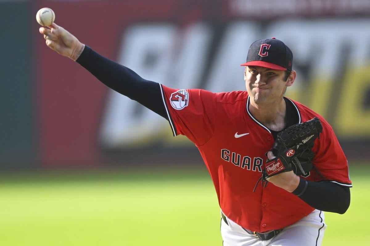 Jun 25, 2025; Cleveland, Ohio, USA; Cleveland Guardians starting pitcher Gavin Williams (32) delivers a pitch in the first inning against the Toronto Blue Jays at Progressive Field. Mandatory Credit: David Richard-Imagn Images