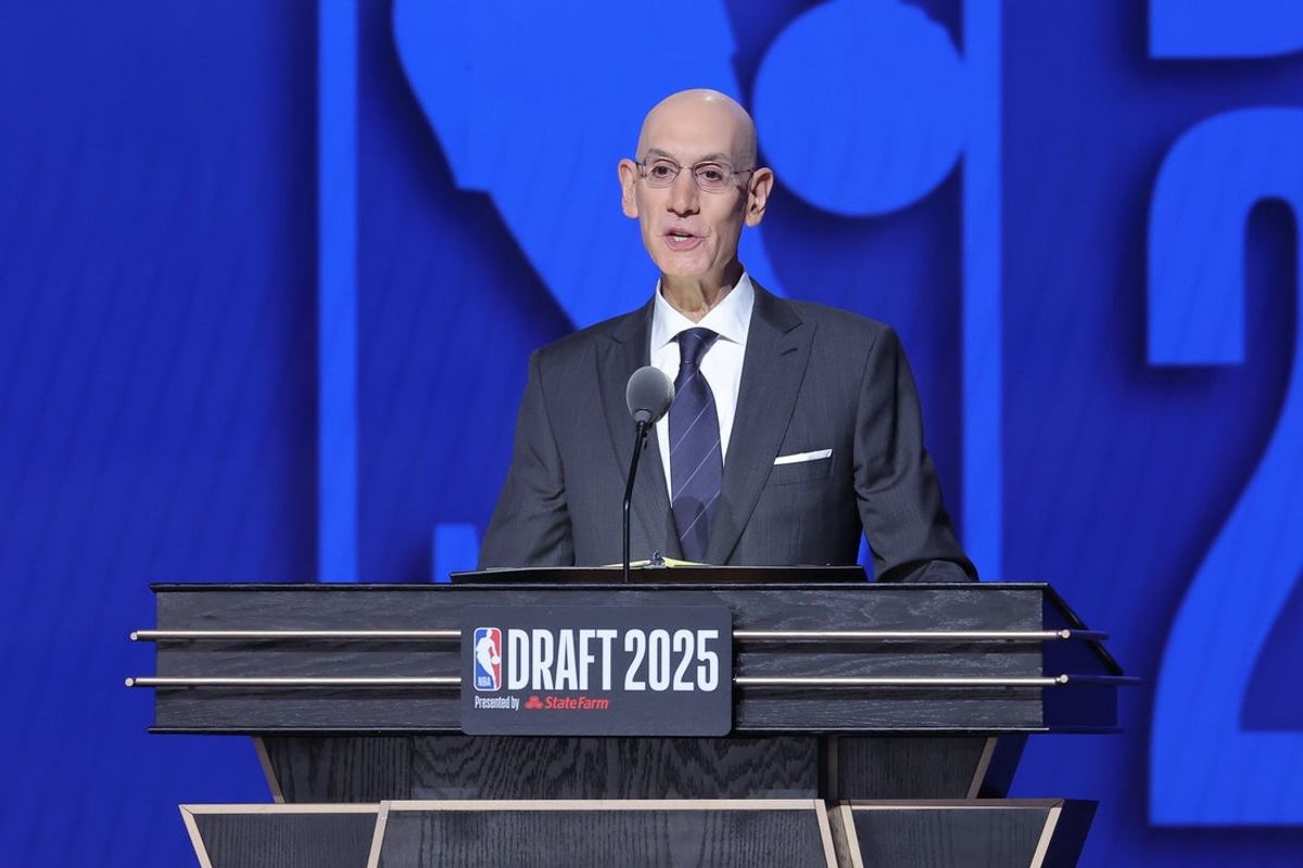 Jun 25, 2025; Brooklyn, NY, USA; NBA commissioner Adam Silver speaks during the 2025 NBA Draft at Barclays Center. Mandatory Credit: Brad Penner-Imagn Images
