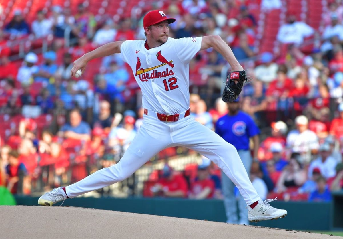 Jun 25, 2025; St. Louis, Missouri, USA;St. Louis Cardinals pitcher Erick Fedde (12) pitches in the first inning against the Chicago Cubs at Busch Stadium. Mandatory Credit: Tim Vizer-Imagn Images