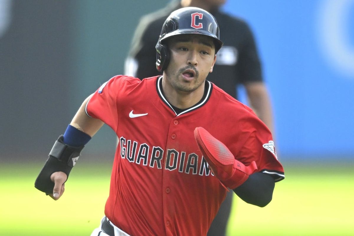 Jun 25, 2025; Cleveland, Ohio, USA; Cleveland Guardians left fielder Steven Kwan (38) rounds third base before scoring in the first inning against the Toronto Blue Jays at Progressive Field. Mandatory Credit: David Richard-Imagn Images