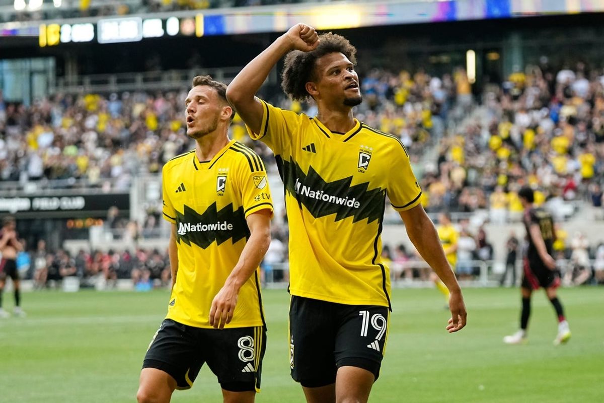 Columbus Crew orward Jacen Russell-Rowe (19) celebrates scoring a goal with midfielder Daniel Gazdag (8) during the first half of the MLS match against Atlanta United at Lower.com Field on June 25, 2025.