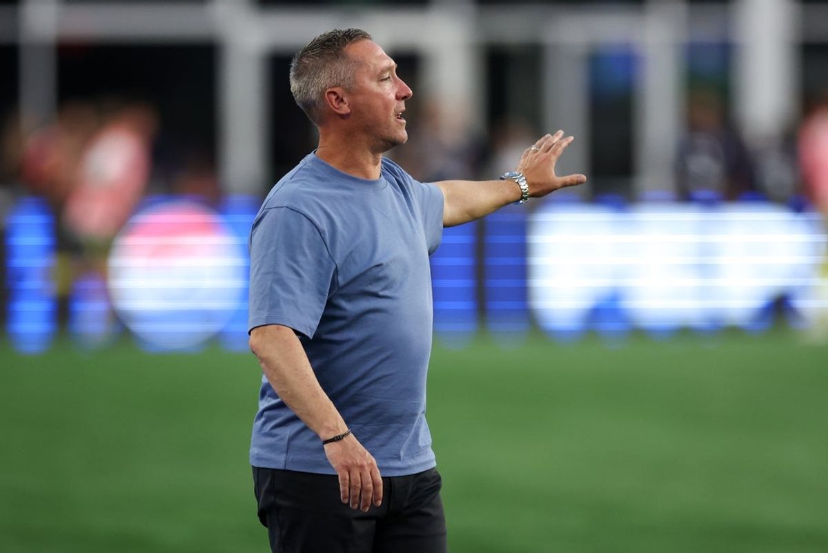 Jun 25, 2025; Foxborough, Massachusetts, USA; New England Revolution head coach Caleb Porter reacts during the first half against Nashville SC at Gillette Stadium. Mandatory Credit: Paul Rutherford-Imagn Images