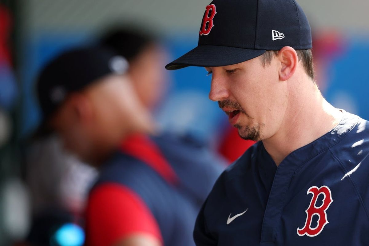 Jun 25, 2025; Anaheim, California, USA;  Boston Red Sox starting pitcher Walker Buehler (0) looks on in the dugout during the eighth inning against the Los Angeles Angels at Angel Stadium. Mandatory Credit: Kiyoshi Mio-Imagn Images