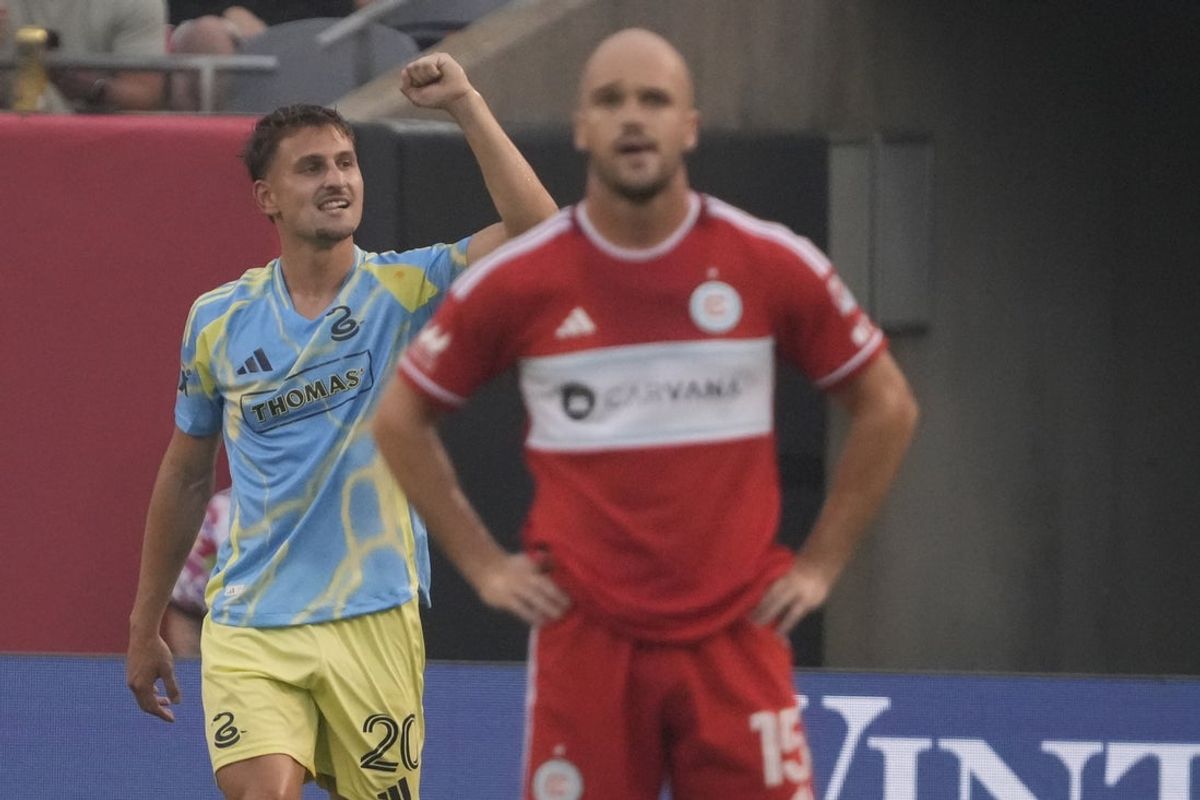 Jun 25, 2025; Chicago, Illinois, USA; Philadelphia Union forward Bruno Damiani (20) celebrates his goal against the Chicago Fire during the first half at Soldier Field. Mandatory Credit: David Banks-Imagn Images