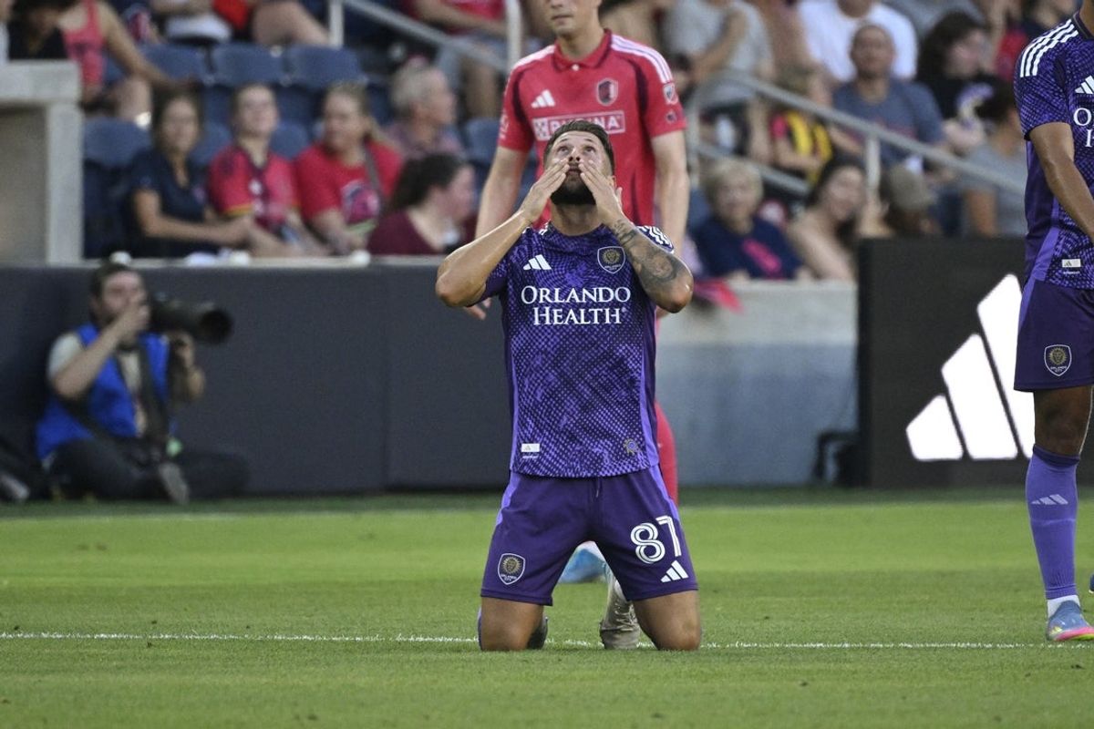 Jun 25, 2025; St. Louis, Missouri, USA; Orlando City forward Marco Pasalic (87) celebrates after scoring a goal against St. Louis CITY SC in the first half at Energizer Park. Mandatory Credit: Joe Puetz-Imagn Images