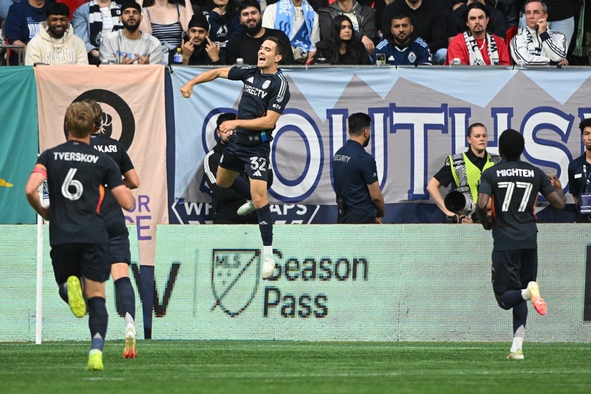 Jun 25, 2025; Vancouver, British Columbia, CAN;  San Diego FC forward Milan Iloski (32) celebrates scoring during the first half against the Vancouver Whitecaps at BC Place. Mandatory Credit: Anne-Marie Sorvin-Imagn Images