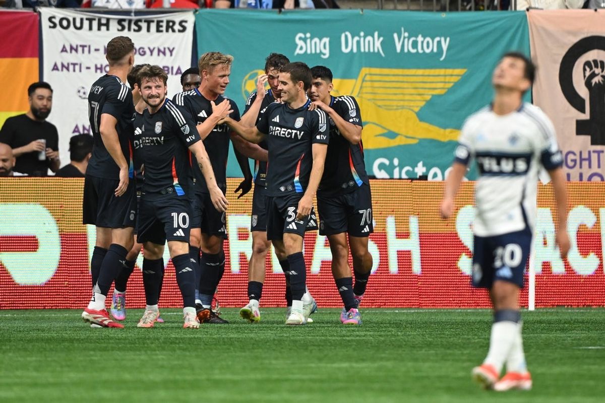 Jun 25, 2025; Vancouver, British Columbia, CAN;  San Diego FC forward Milan Iloski (32) celebrates scoring during the first half against the Vancouver Whitecaps at BC Place. Mandatory Credit: Anne-Marie Sorvin-Imagn Images