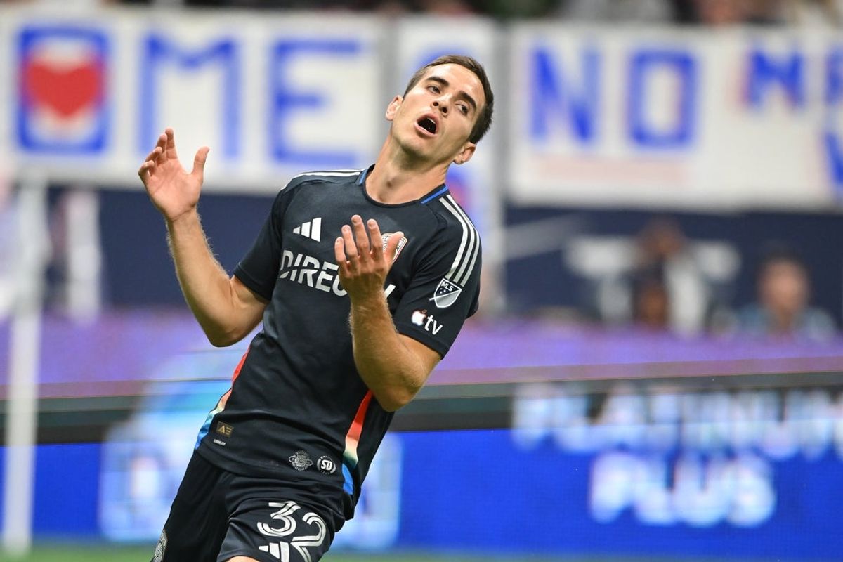 Jun 25, 2025; Vancouver, British Columbia, CAN;  San Diego FC forward Milan Iloski (32) reacts during the second half against the Vancouver Whitecaps at BC Place. Mandatory Credit: Anne-Marie Sorvin-Imagn Images