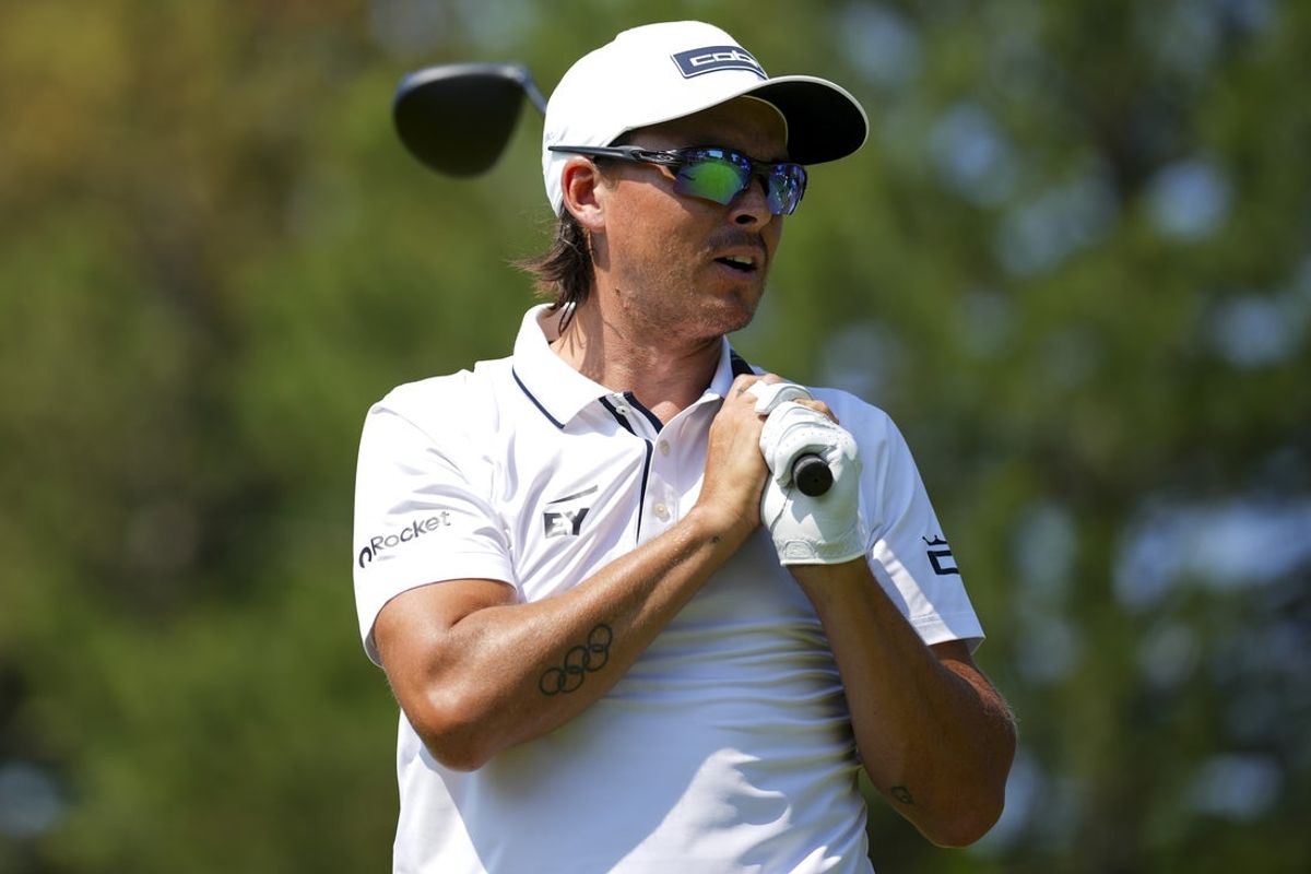 Jun 26, 2025; Detroit, Michigan, USA; Rickie Fowler reacts to his shot from the fourth tee during the first round of the Rocket Mortgage Classic golf tournament. Mandatory Credit: Aaron Doster-Imagn Images
