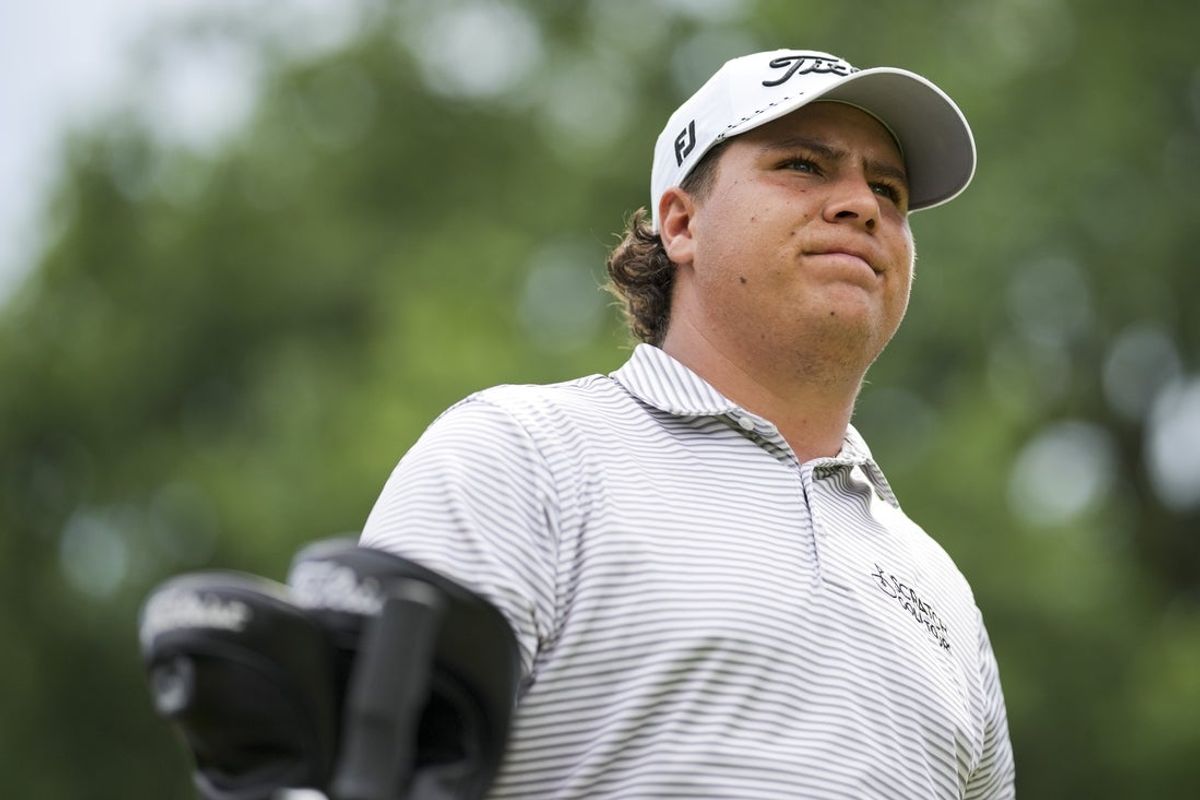 Jun 26, 2025; Detroit, Michigan, USA; Aldrich Potgieter waits on the fourth hole tee during the first round of the Rocket Mortgage Classic golf tournament. Mandatory Credit: Aaron Doster-Imagn Images