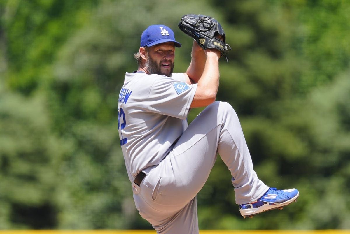 Jun 26, 2025; Denver, Colorado, USA; Los Angeles Dodgers starting pitcher Clayton Kershaw (22) prepares to deliver a pitch in the first inning against the Colorado Rockies at Coors Field. Mandatory Credit: Ron Chenoy-Imagn Images