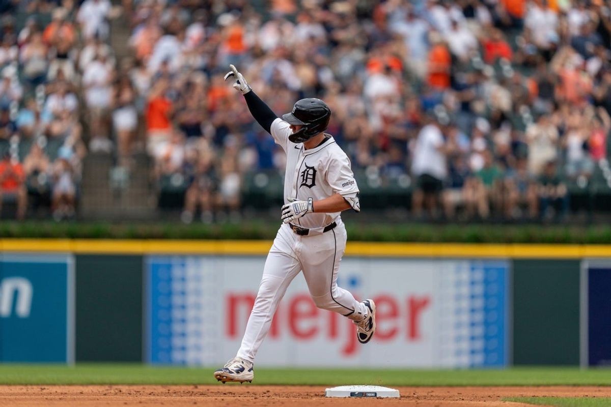 First baseman Spencer Torkelson celebrates after hitting a home run against the Athletics at Comerica Park in Detroit on Thursday, June 26, 2025.