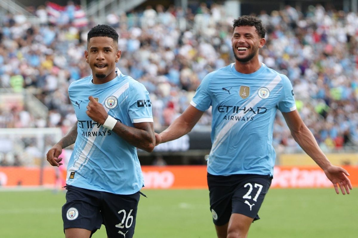 Jun 26, 2025; Orlando, Florida, USA; Manchester City midfielder Savinho (26) reacts after scoring a goal against Juventus FC during the second half during a group stage match of the 2025 FIFA Club World Cup at Camping World Stadium. Mandatory Credit: Nathan Ray Seebeck-Imagn Images