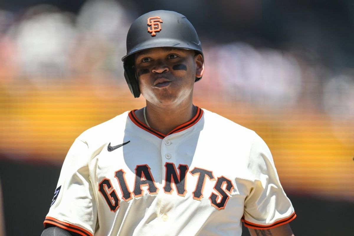 Jun 26, 2025; San Francisco, California, USA;  San Francisco Giants designated hitter Rafael Devers (16) reacts after hitting a two-run home run against the Miami Marlins in the third inning at Oracle Park. Mandatory Credit: Eakin Howard-Imagn Images