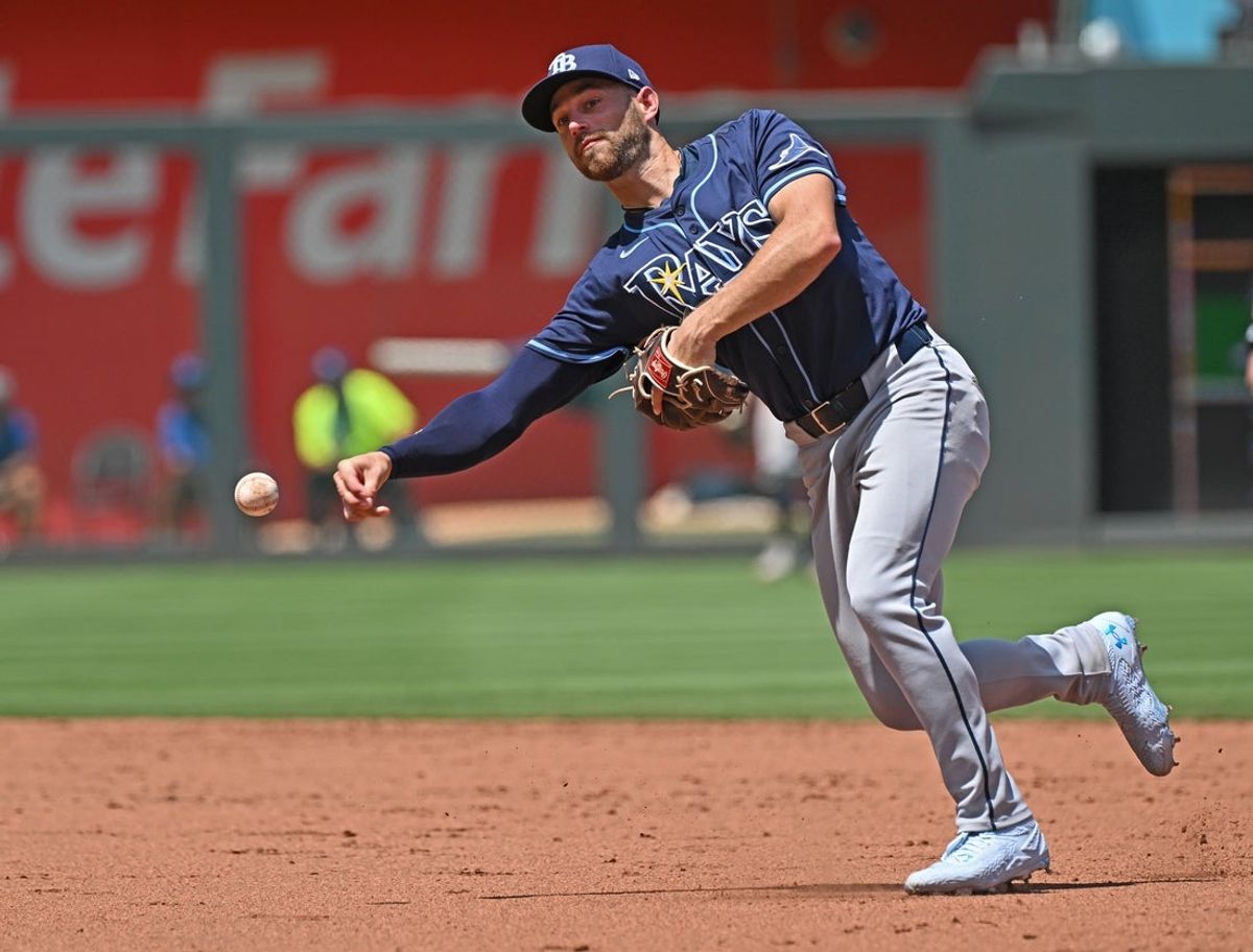 Jun 26, 2025; Kansas City, Missouri, USA;  Tampa Bay Rays second base Brandon Lowe (8) throws to first base for an out in the sixth inning against the Kansas City Royals at Kauffman Stadium. Mandatory Credit: Peter Aiken-Imagn Images