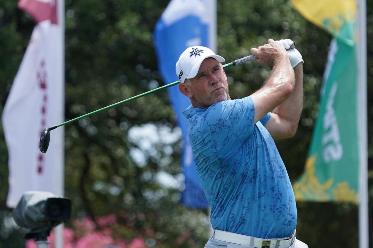 Jun 27, 2025; Carrollton, Texas, USA; Lee Westwood plays his shot from the tenth tee during the first round of the LIV Golf Dallas golf tournament at Maridoe Golf Club. Mandatory Credit: Raymond Carlin III-Imagn Images
