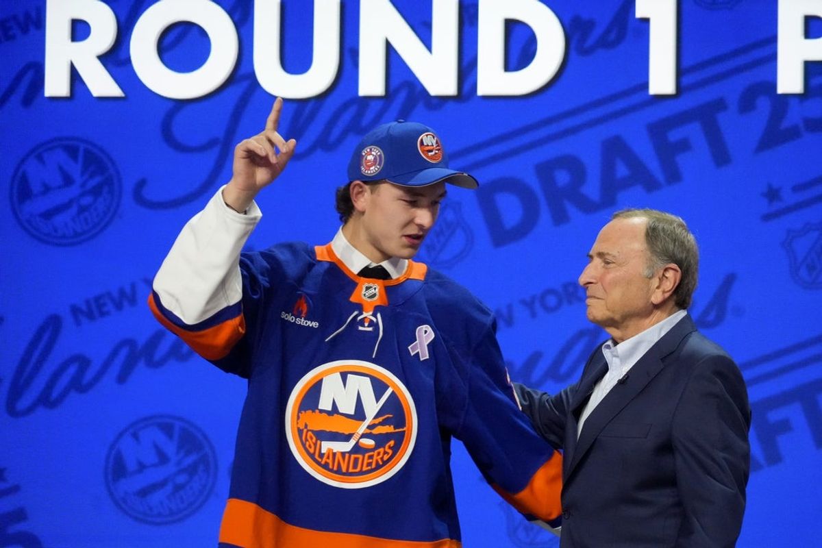 Jun 27, 2025; Los Angeles, California, USA; Matthew Schaefer is selected as the first overall pick to the New York Islanders in the first round of the 2025 NHL Draft at Peacock Theater. Mandatory Credit: Kirby Lee-Imagn Images