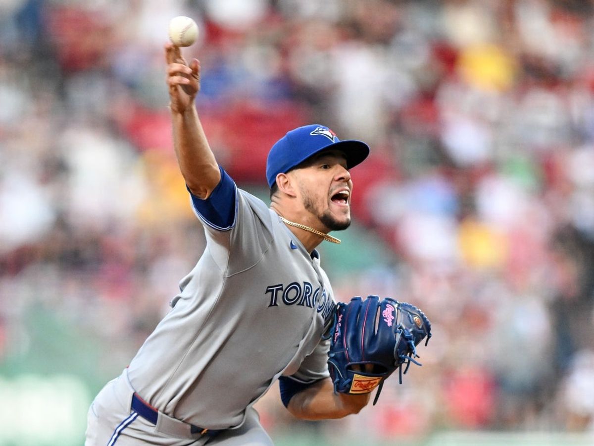 Jun 27, 2025; Boston, Massachusetts, USA; Toronto Blue Jays starting pitcher Jose Berrios (17) pitches against the Boston Red Sox during the first inning at Fenway Park. Mandatory Credit: Brian Fluharty-Imagn Images