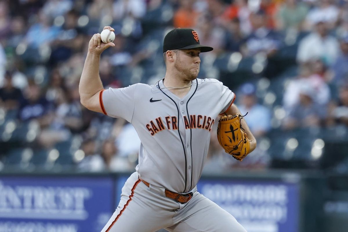 Jun 27, 2025; Chicago, Illinois, USA; San Francisco Giants starting pitcher Landen Roupp (65) delivers a pitch against the Chicago White Sox during the first inning at Rate Field. Mandatory Credit: Kamil Krzaczynski-Imagn Images