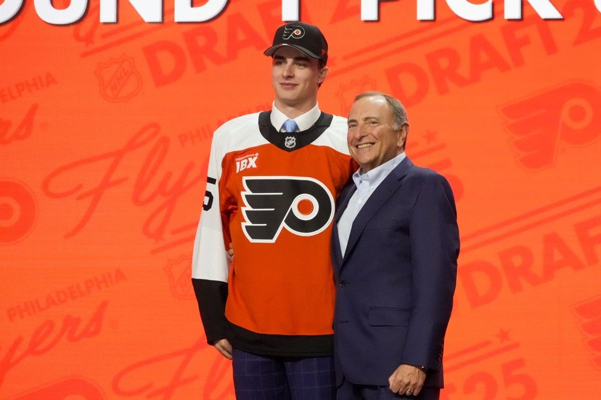 Jun 27, 2025; Los Angeles, California, USA; Porter Martone is selected as the sixth overall pick to the Philadelphia Flyers in the first round of the 2025 NHL Draft at Peacock Theater. Mandatory Credit: Kirby Lee-Imagn Images