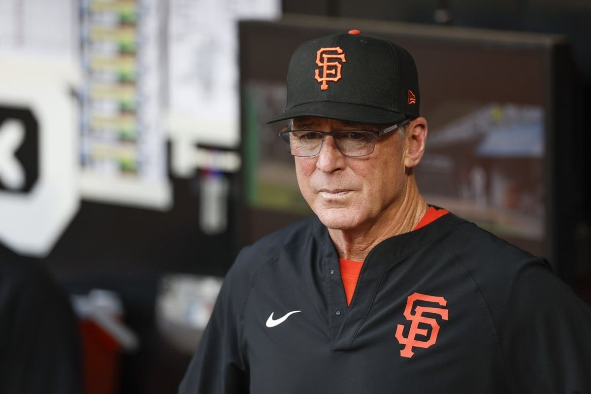 Jun 27, 2025; Chicago, Illinois, USA; San Francisco Giants manager Bob Melvin (6) looks on from the dugout before a baseball game against the Chicago White Sox at Rate Field. Mandatory Credit: Kamil Krzaczynski-Imagn Images