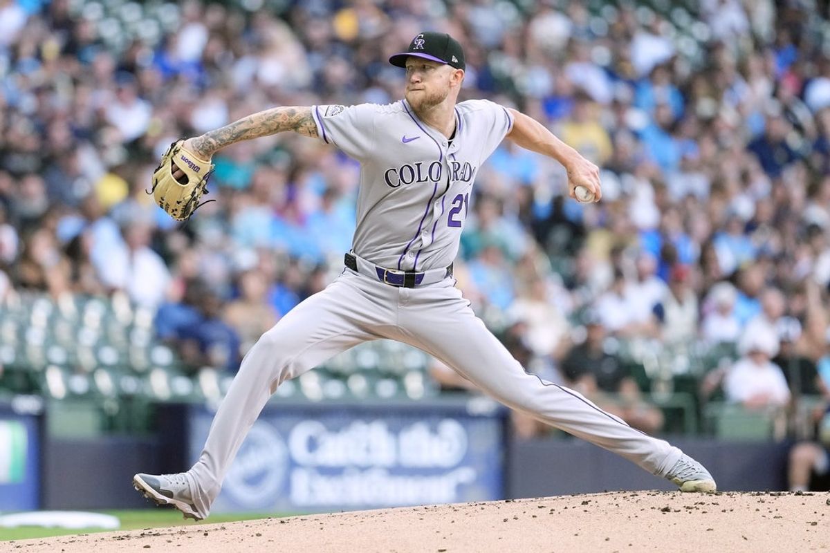 Jun 27, 2025; Milwaukee, Wisconsin, USA;  Colorado Rockies pitcher Kyle Freeland (21) throws a pitch during the first inning against the Milwaukee Brewers at American Family Field. Mandatory Credit: Jeff Hanisch-Imagn Images