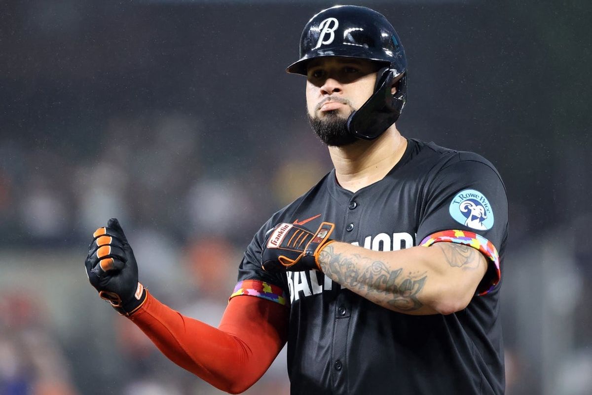 Jun 27, 2025; Baltimore, Maryland, USA; Baltimore Orioles catcher Gary Sanchez (99) celebrates after hitting a single during the third inning against the Tampa Bay Rays at Oriole Park at Camden Yards. Mandatory Credit: Daniel Kucin Jr.-Imagn Images