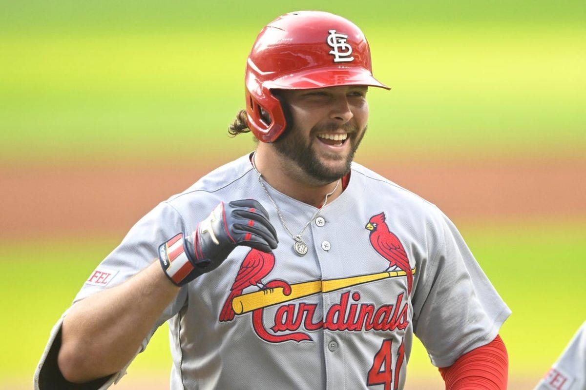 Jun 27, 2025; Cleveland, Ohio, USA; St. Louis Cardinals right fielder Alec Burleson (41) celebrates his two-run home run in the third inning against the Cleveland Guardians at Progressive Field. Mandatory Credit: David Richard-Imagn Images