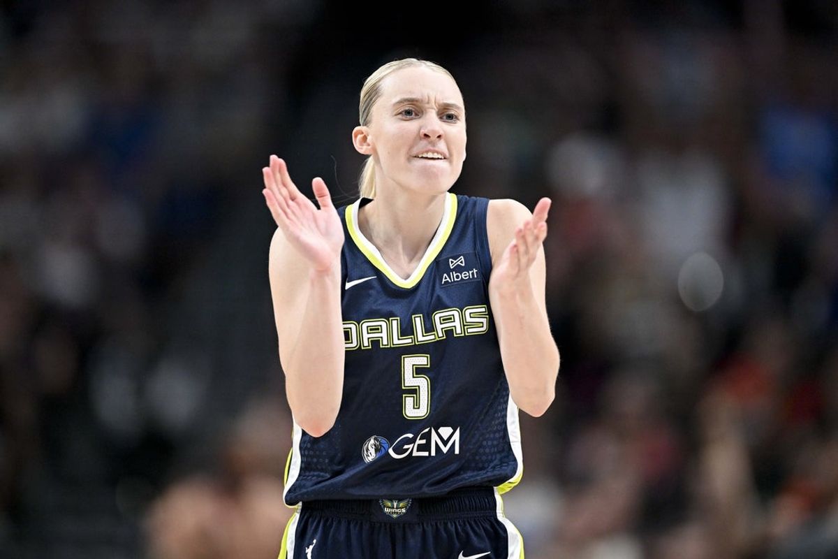 Jun 27, 2025; Dallas, Texas, USA; Dallas Wings guard Paige Bueckers (5) celebrates during the second half against the Indiana Fever at the American Airlines Center. Mandatory Credit: Jerome Miron-Imagn Images