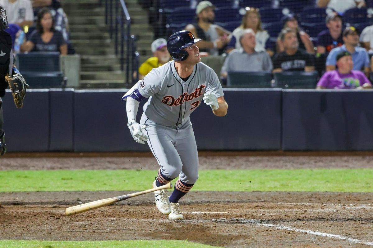 Jun 20, 2025; St. Petersburg, Florida, USA; Detroit Tigers outfielder Kerry Carpenter (30) watches a fly ball during the seventh inning against the Tampa Bay Rays at George M. Steinbrenner Field. Mandatory Credit: Mike Watters-Imagn Images