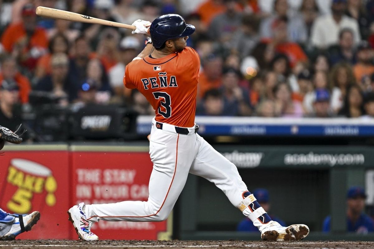 Jun 27, 2025; Houston, Texas, USA; Houston Astros shortstop Jeremy Pena (3) bats in the second inning against the Chicago Cubs at Daikin Park. Mandatory Credit: Maria Lysaker-Imagn Images