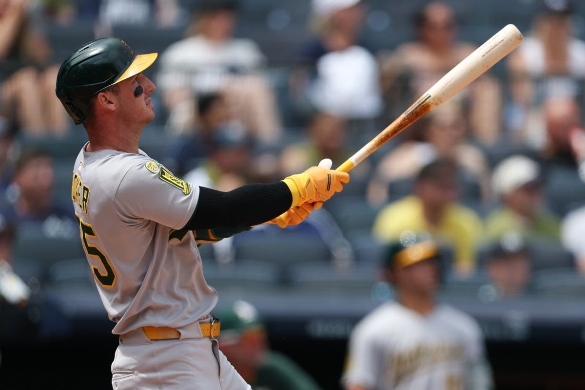 Jun 28, 2025; Bronx, New York, USA;  Athletics designated hitter Brent Rooker (25) looks up at his solo home run during the fourth inning against the New York Yankees at Yankee Stadium. Mandatory Credit: Vincent Carchietta-Imagn Images