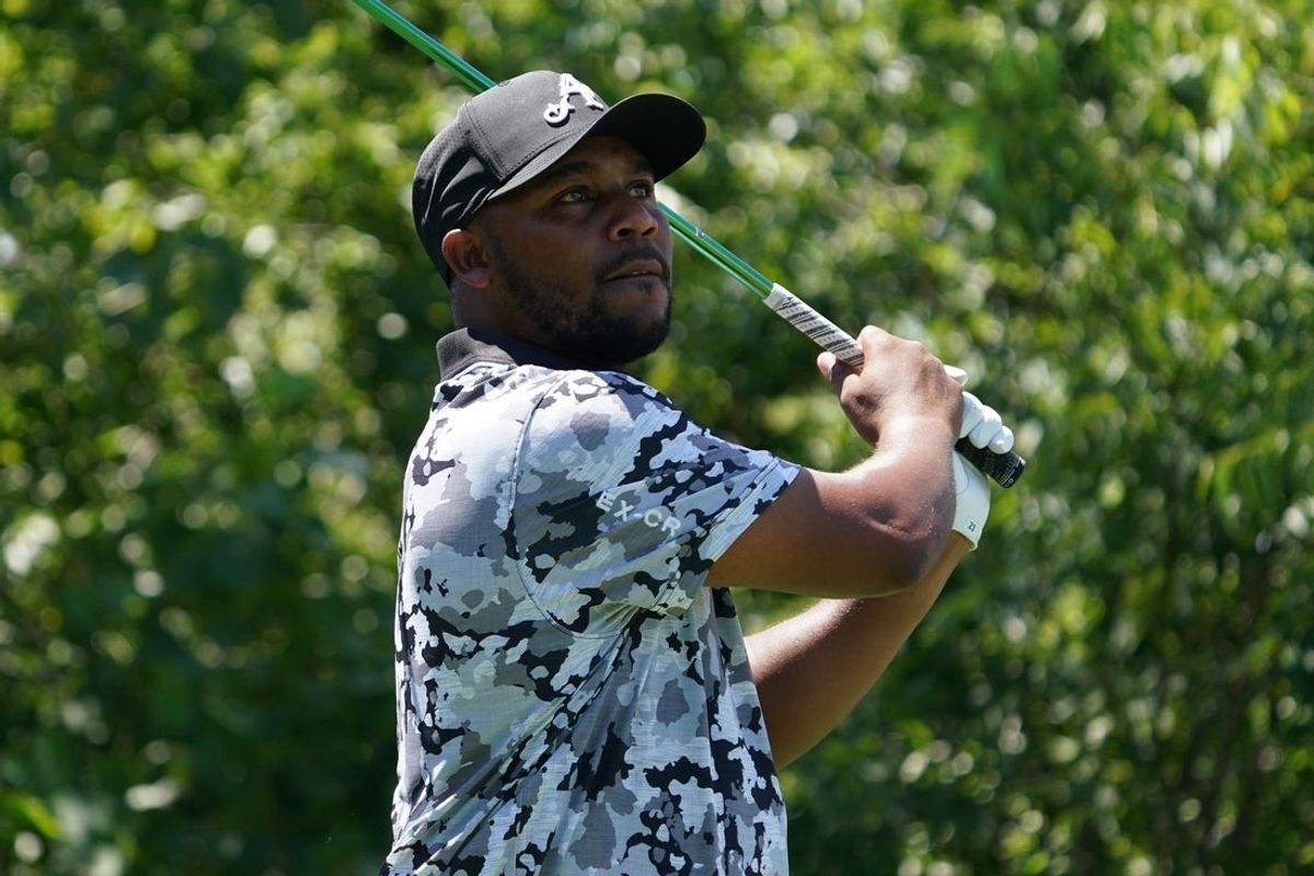 Jun 28, 2025; Carrollton, Texas, USA; Harold Varner III plays his shot from the second tee during the second round of the LIV Golf Dallas golf tournament at Maridoe Golf Club. Mandatory Credit: Raymond Carlin III-Imagn Images