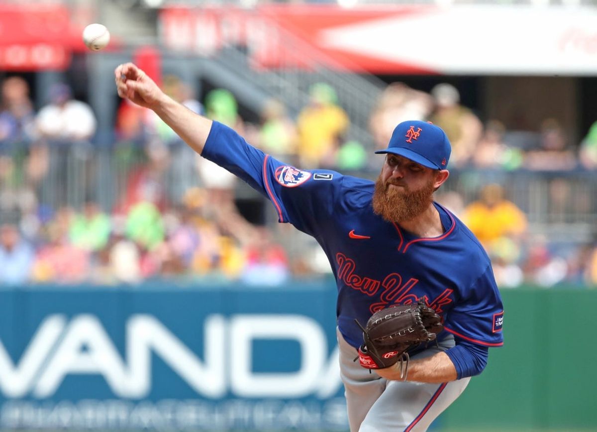 Jun 28, 2025; Pittsburgh, Pennsylvania, USA;  New York Mets starting pitcher Paul Blackburn (58) delivers a pitch against the Pittsburgh Pirates during the first inning at PNC Park. Mandatory Credit: Charles LeClaire-Imagn Images