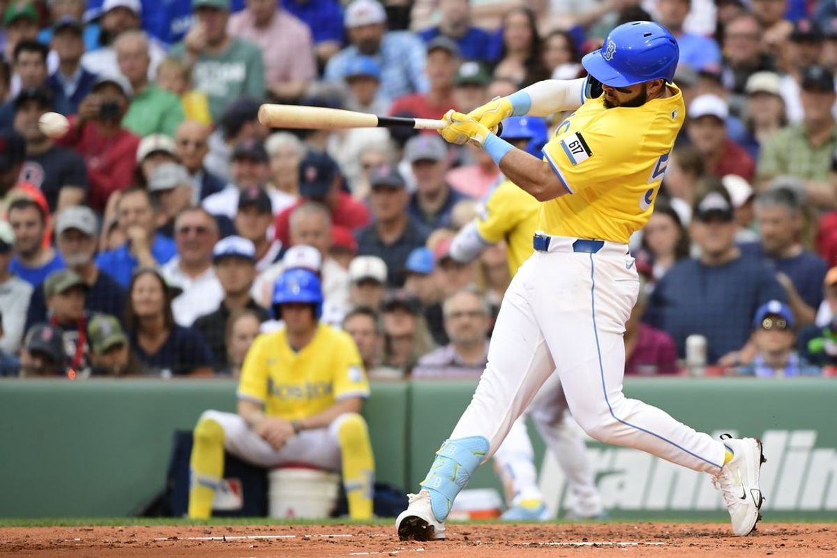 Jun 28, 2025; Boston, Massachusetts, USA; Boston Red Sox right fielder Wilyer Abreu (52) hits an RBI double during the second inning against the Toronto Blue Jays at Fenway Park. Mandatory Credit: Bob DeChiara-Imagn Images