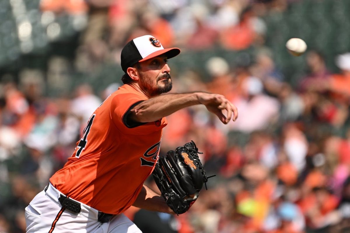 Jun 28, 2025; Baltimore, Maryland, USA; Baltimore Orioles starting pitcher Zach Eflin (24) throws a pitch against the Tampa Bay Rays during the first inning at Oriole Park at Camden Yards. Mandatory Credit: Rafael Suanes-Imagn Images