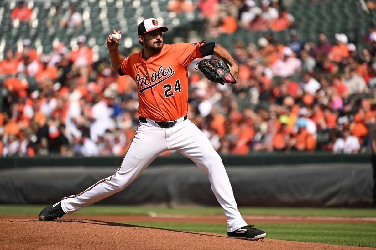 Jun 28, 2025; Baltimore, Maryland, USA; Baltimore Orioles starting pitcher Zach Eflin (24) throws a pitch against the Tampa Bay Rays during the first inning at Oriole Park at Camden Yards. Mandatory Credit: Rafael Suanes-Imagn Images
