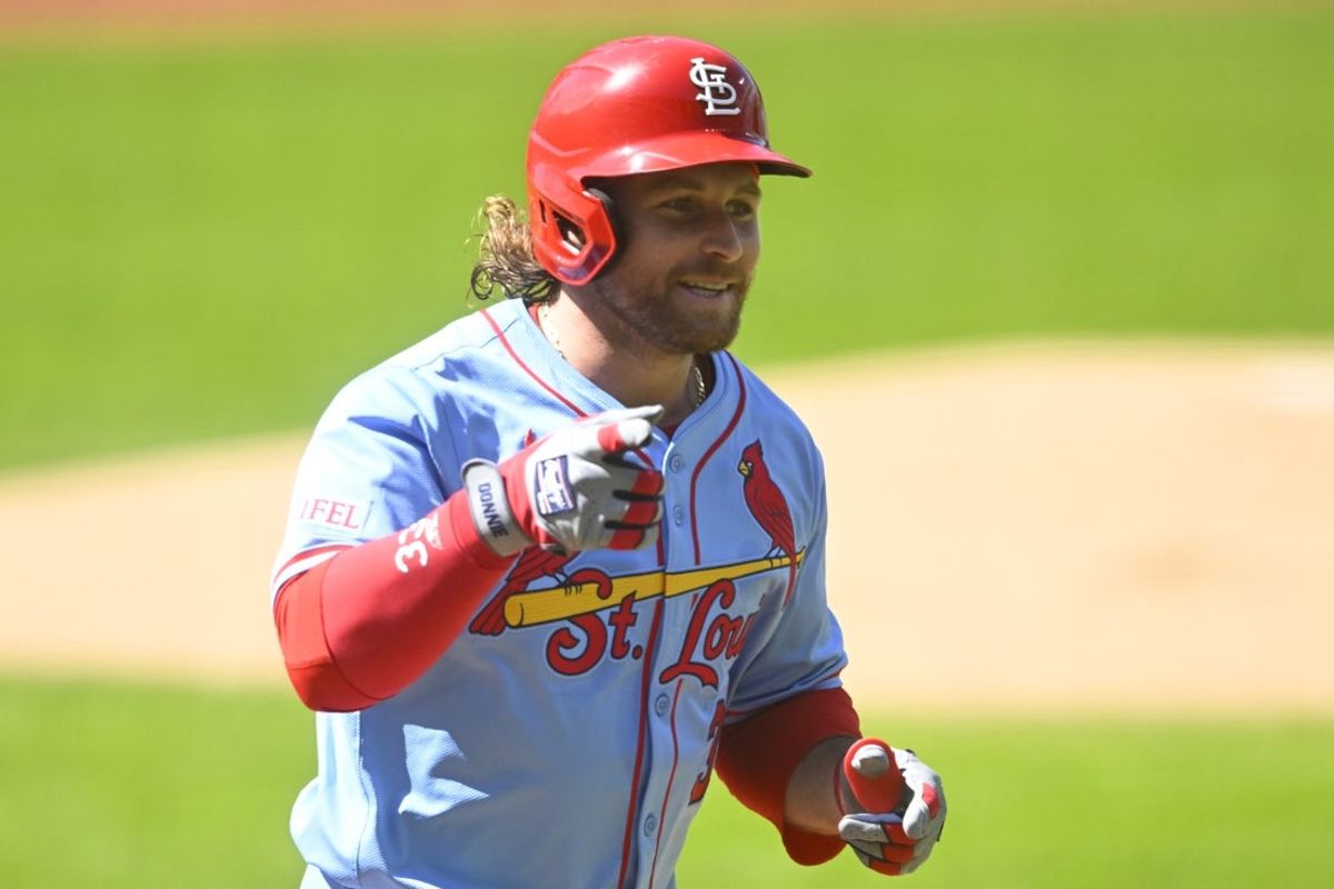 Jun 28, 2025; Cleveland, Ohio, USA; St. Louis Cardinals second baseman Brendan Donovan (33) runs the bases on his solo home run in the first inning against the Cleveland Guardians at Progressive Field. Mandatory Credit: David Richard-Imagn Images